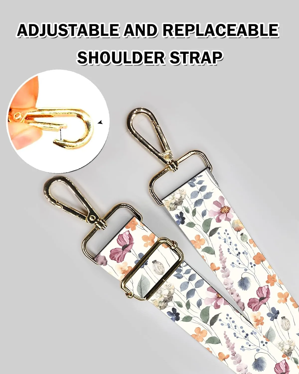 Purse Strap Replacement Belt Crossbody 1.5" Wide Golden Buckle Cute Shoulder Strap Durable Adjustable Guitar Straps for Canvas Bag Handbag Cute Watercolor Flowers