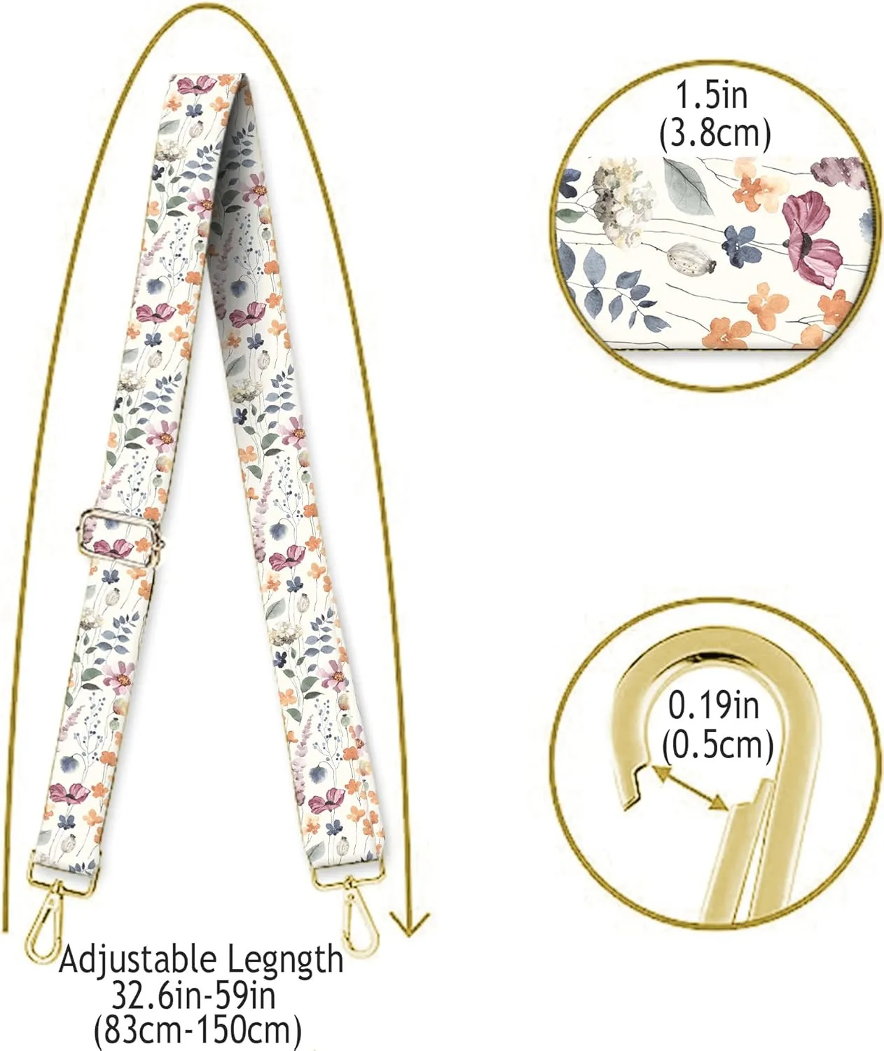 Purse Strap Replacement Belt Crossbody 1.5" Wide Golden Buckle Cute Shoulder Strap Durable Adjustable Guitar Straps for Canvas Bag Handbag Cute Watercolor Flowers