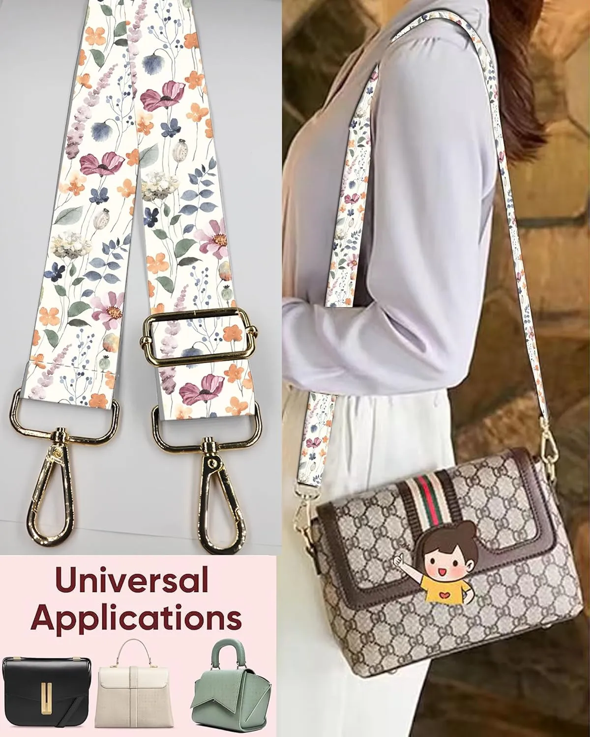 Purse Strap Replacement Belt Crossbody 1.5" Wide Golden Buckle Cute Shoulder Strap Durable Adjustable Guitar Straps for Canvas Bag Handbag Cute Watercolor Flowers