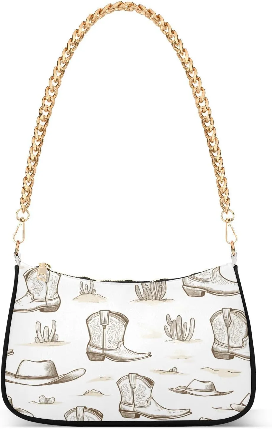 Shoulder Bags for Women Cowboy Boots Cactus Hat Line Pattern Hobo Tote Handbag Small Clutch Purse with Zipper Closure