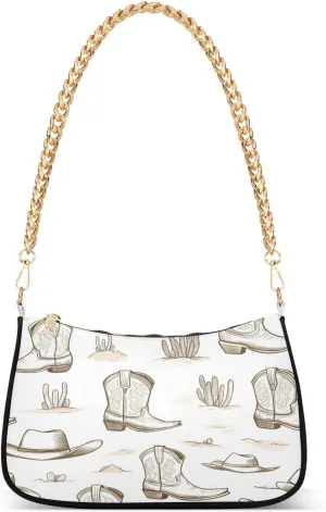 Shoulder Bags for Women Cowboy Boots Cactus Hat Line Pattern Hobo Tote Handbag Small Clutch Purse with Zipper Closure