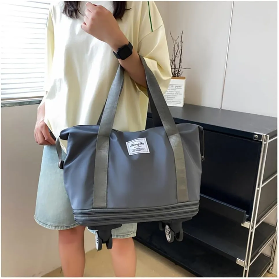 Travel Tote Bag with Trolley Sleeve Expandable Extra Duffel Bag with Wheels Lightweight Traveling Foldable Suitcase