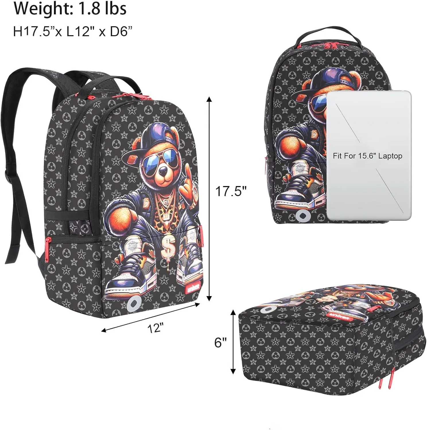 UNIKER Travel Laptop Backpack,Graffiti Backpack for Work,Designer Laptop Backpack for 15.6 Inch,Water Resistant Backpack Computer Bag,Fortune Bear