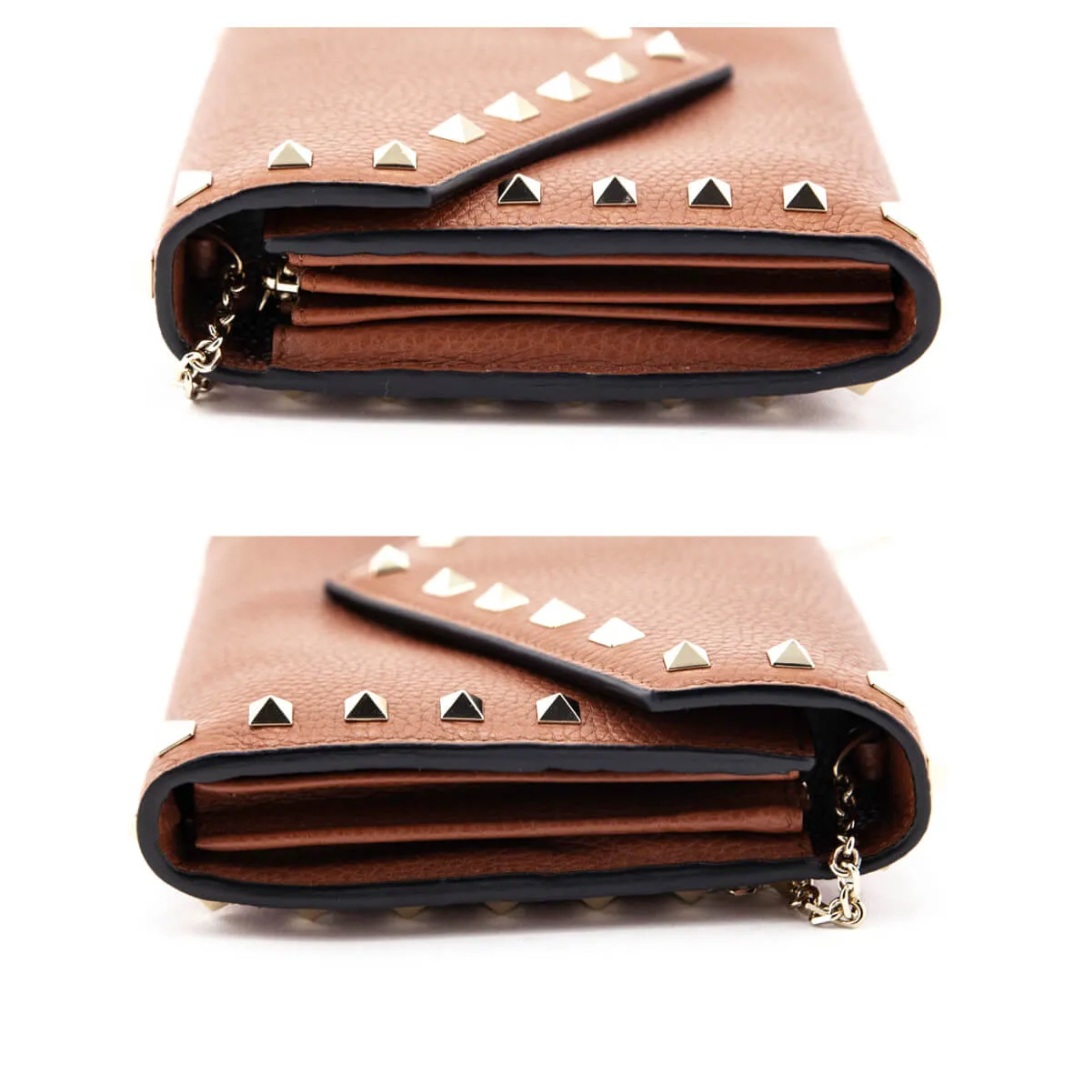 Valentino Brown Pebbled Calfskin Rockstud Envelope Wallet on Chain