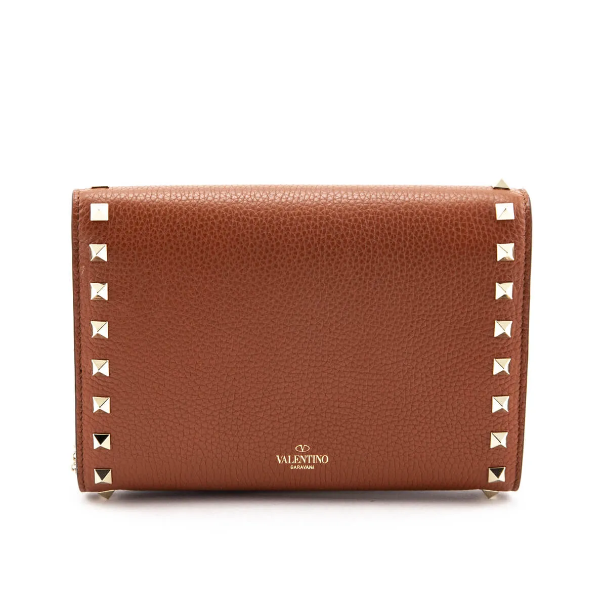 Valentino Brown Pebbled Calfskin Rockstud Envelope Wallet on Chain