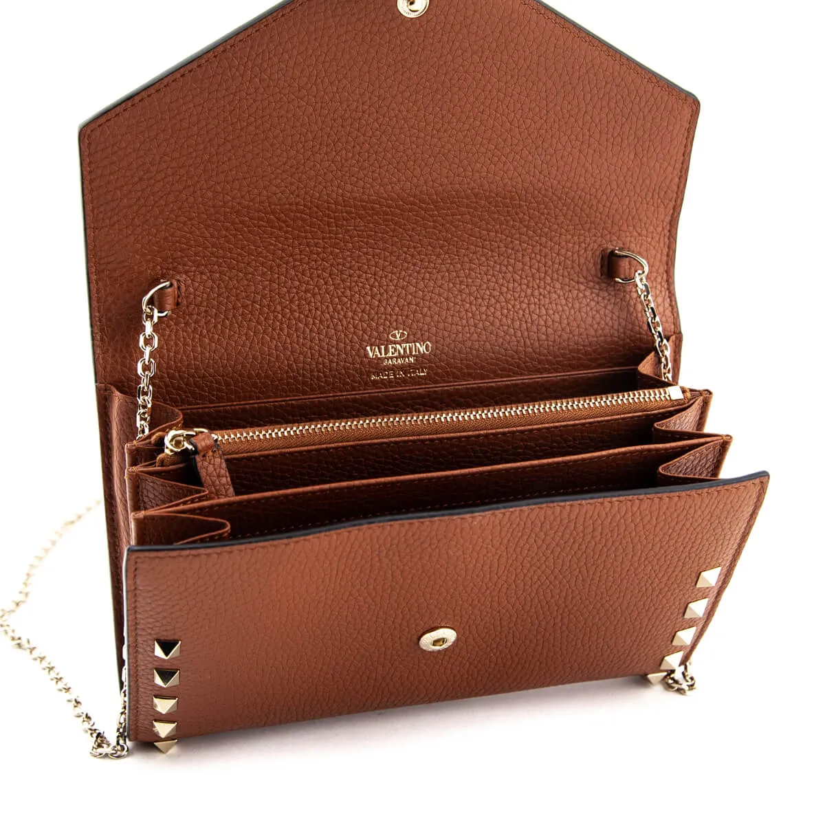 Valentino Brown Pebbled Calfskin Rockstud Envelope Wallet on Chain