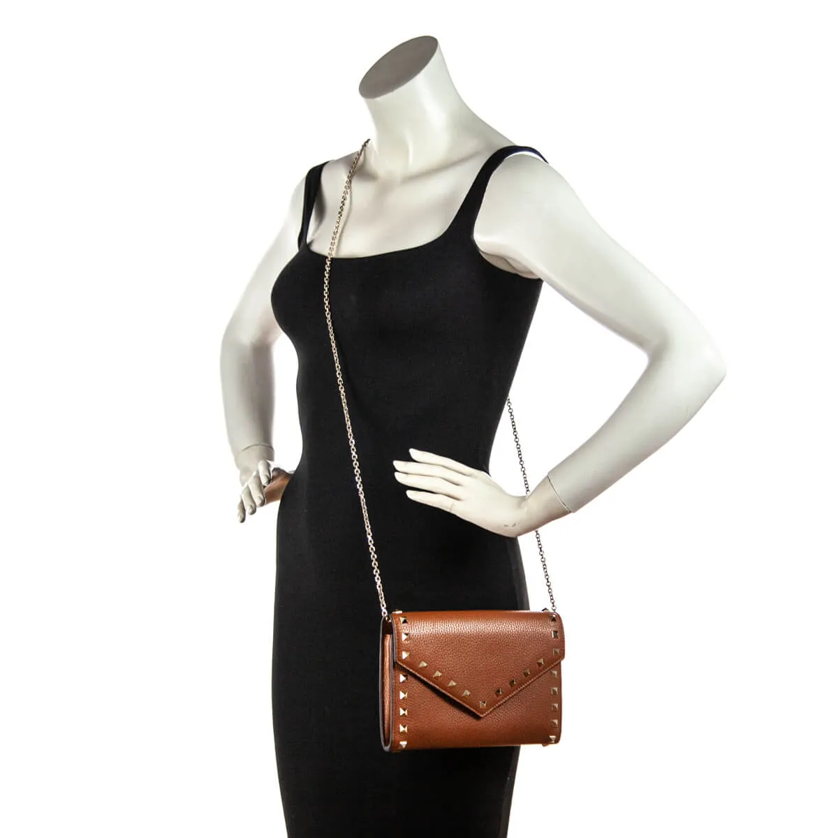 Valentino Brown Pebbled Calfskin Rockstud Envelope Wallet on Chain