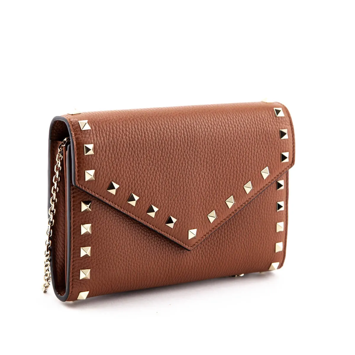 Valentino Brown Pebbled Calfskin Rockstud Envelope Wallet on Chain