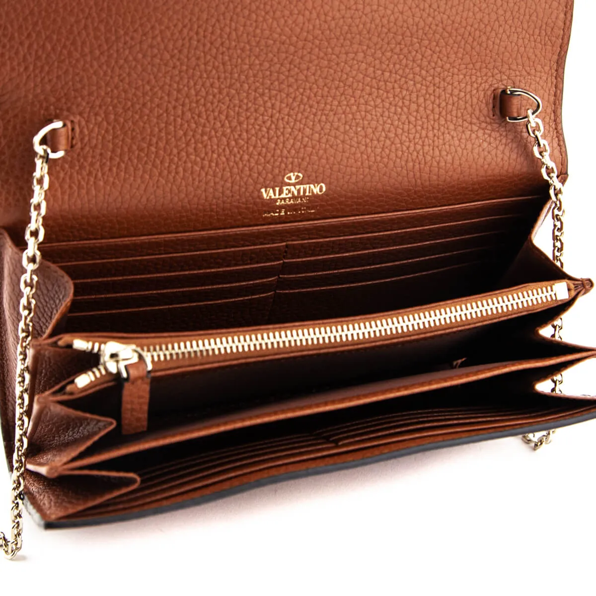 Valentino Brown Pebbled Calfskin Rockstud Envelope Wallet on Chain