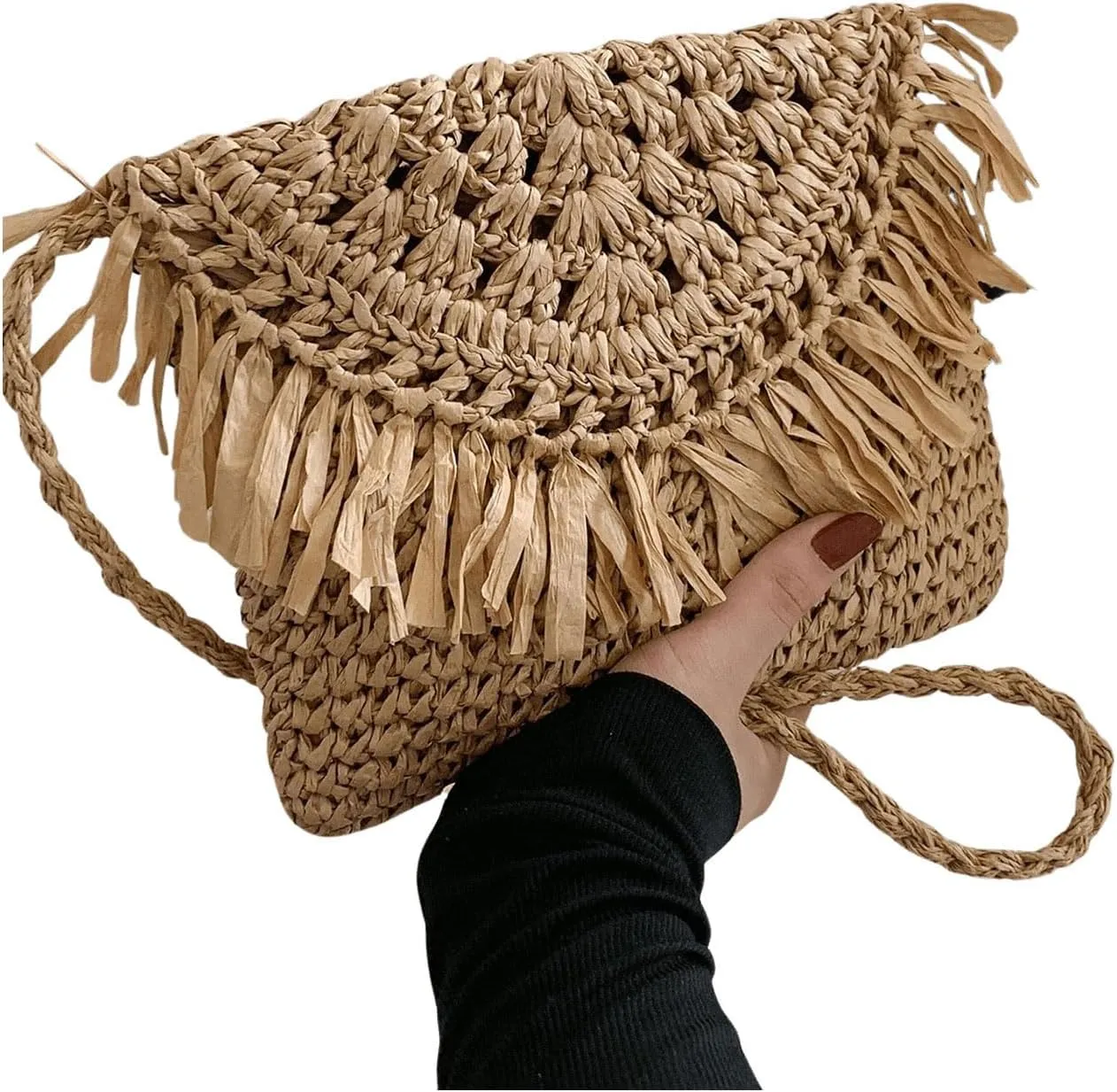 Verdusa Women's Fringe Straw Crossbody Bags Woven Shoulder Bag Beach Purse