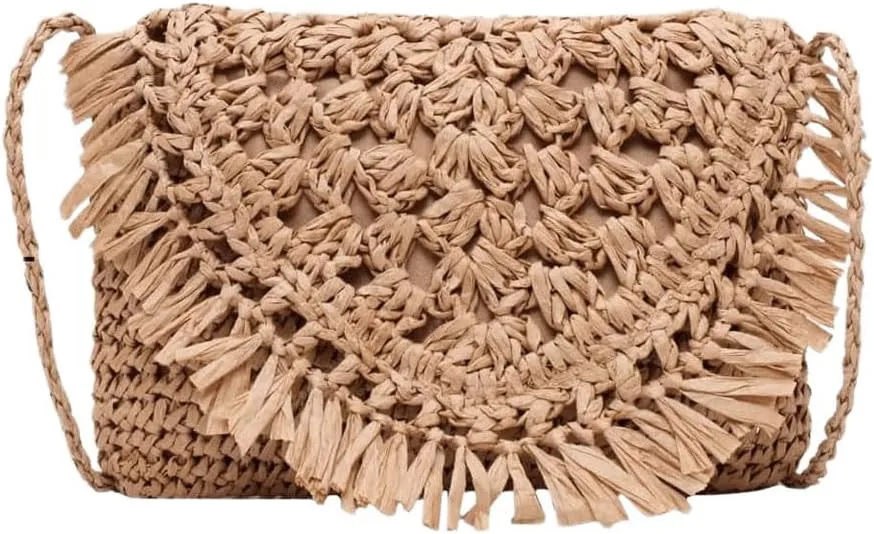 Verdusa Women's Fringe Straw Crossbody Bags Woven Shoulder Bag Beach Purse