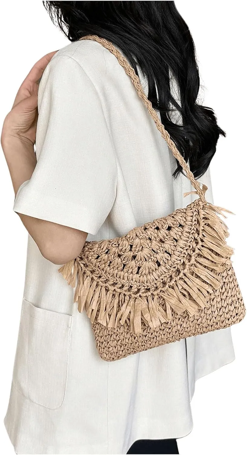 Verdusa Women's Fringe Straw Crossbody Bags Woven Shoulder Bag Beach Purse