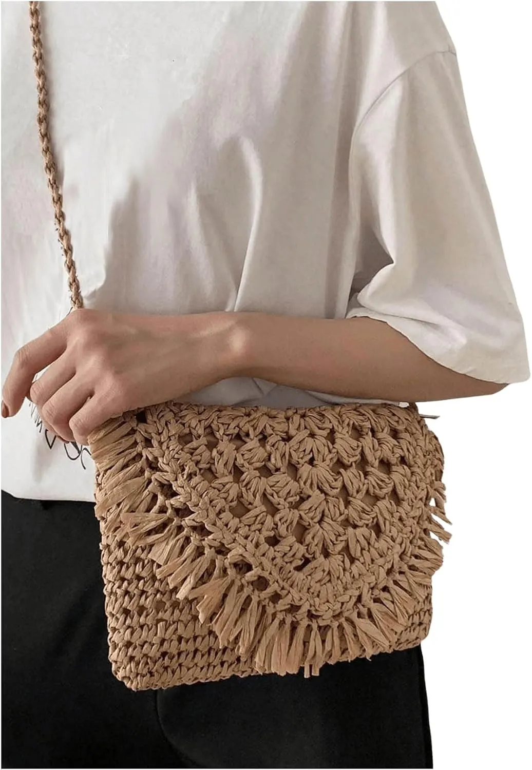 Verdusa Women's Fringe Straw Crossbody Bags Woven Shoulder Bag Beach Purse