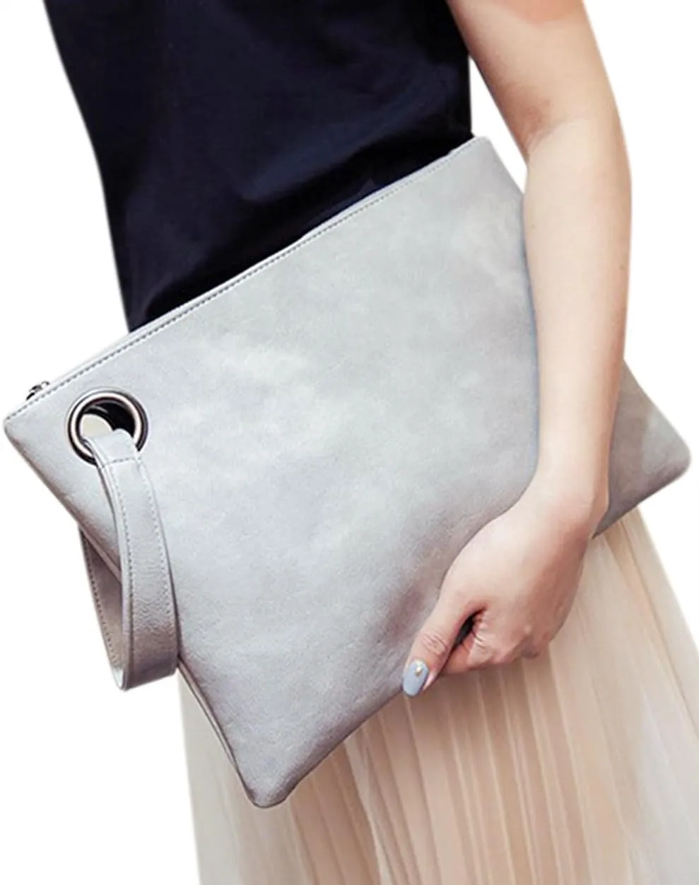 Women Oversized Envelope Handbag Soft Leather Clutch Evening Bag Purse with Wrist Strap