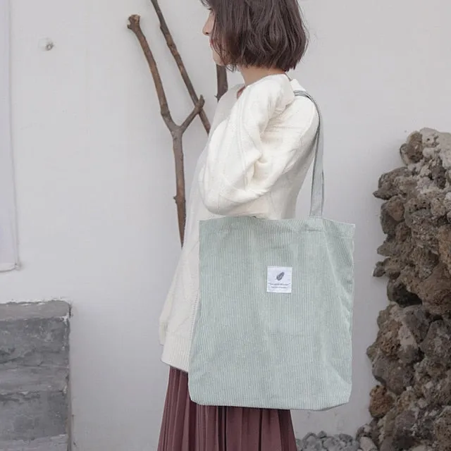 Women's Corduroy Canvas Shopping Bag – Reusable Foldable Eco Tote for Groceries & Everyday Use