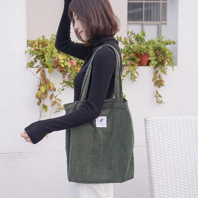 Women's Corduroy Canvas Shopping Bag – Reusable Foldable Eco Tote for Groceries & Everyday Use