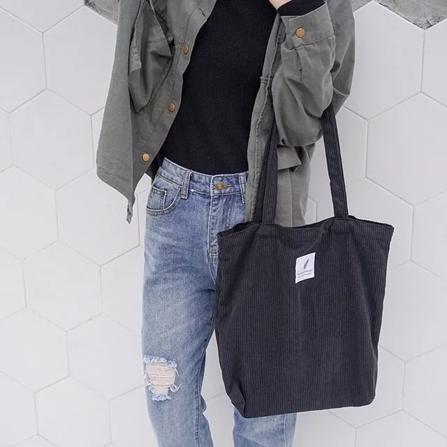 Women's Corduroy Canvas Shopping Bag – Reusable Foldable Eco Tote for Groceries & Everyday Use
