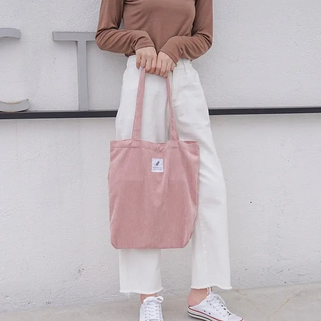 Women's Corduroy Canvas Shopping Bag – Reusable Foldable Eco Tote for Groceries & Everyday Use
