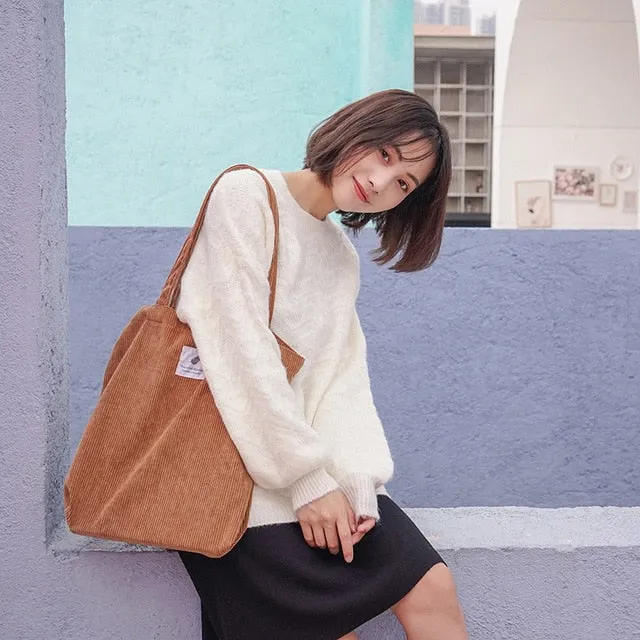 Women's Corduroy Canvas Shopping Bag – Reusable Foldable Eco Tote for Groceries & Everyday Use
