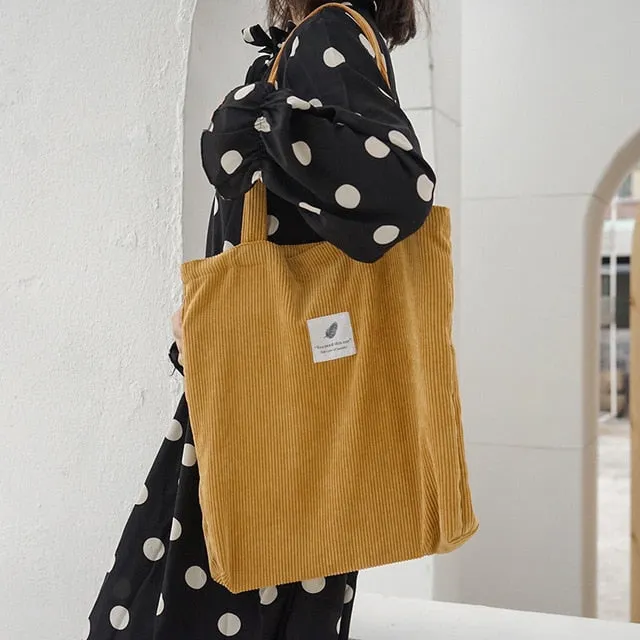 Women's Corduroy Canvas Shopping Bag – Reusable Foldable Eco Tote for Groceries & Everyday Use
