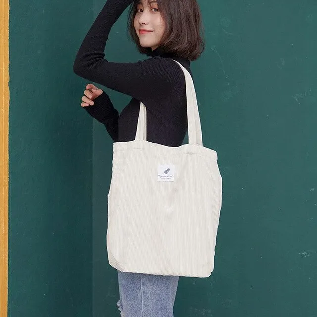 Women's Corduroy Canvas Shopping Bag – Reusable Foldable Eco Tote for Groceries & Everyday Use