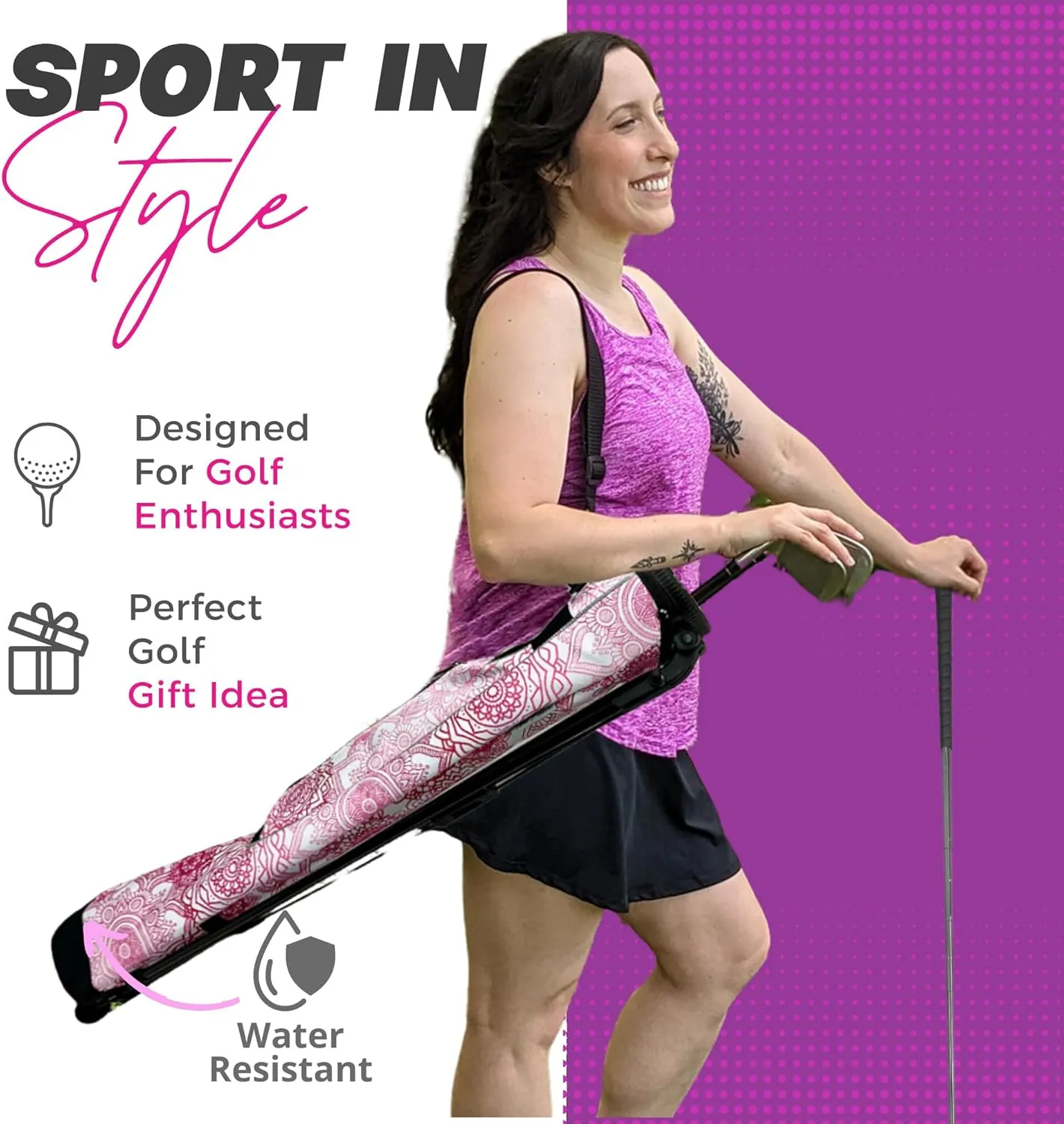 Women's Ultralight Sunday Golf Bag | Taboo Fashions Stand Bag | Range Bag, Par 3, Executive Course | Self Flexing Stand, Adjustable Strap (Mandala)